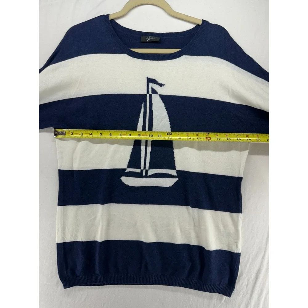 G.W. Sailboat Striped Sweater Navy White Nautical Knit Top Large